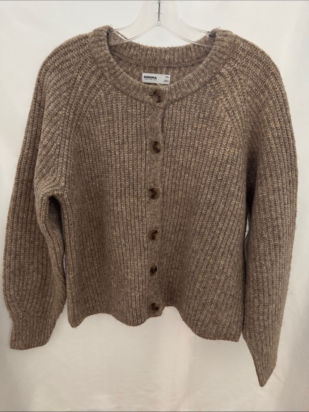 Sonoma Taupe Button-Front Ribbed Crewneck Cardigan Size Petite M
